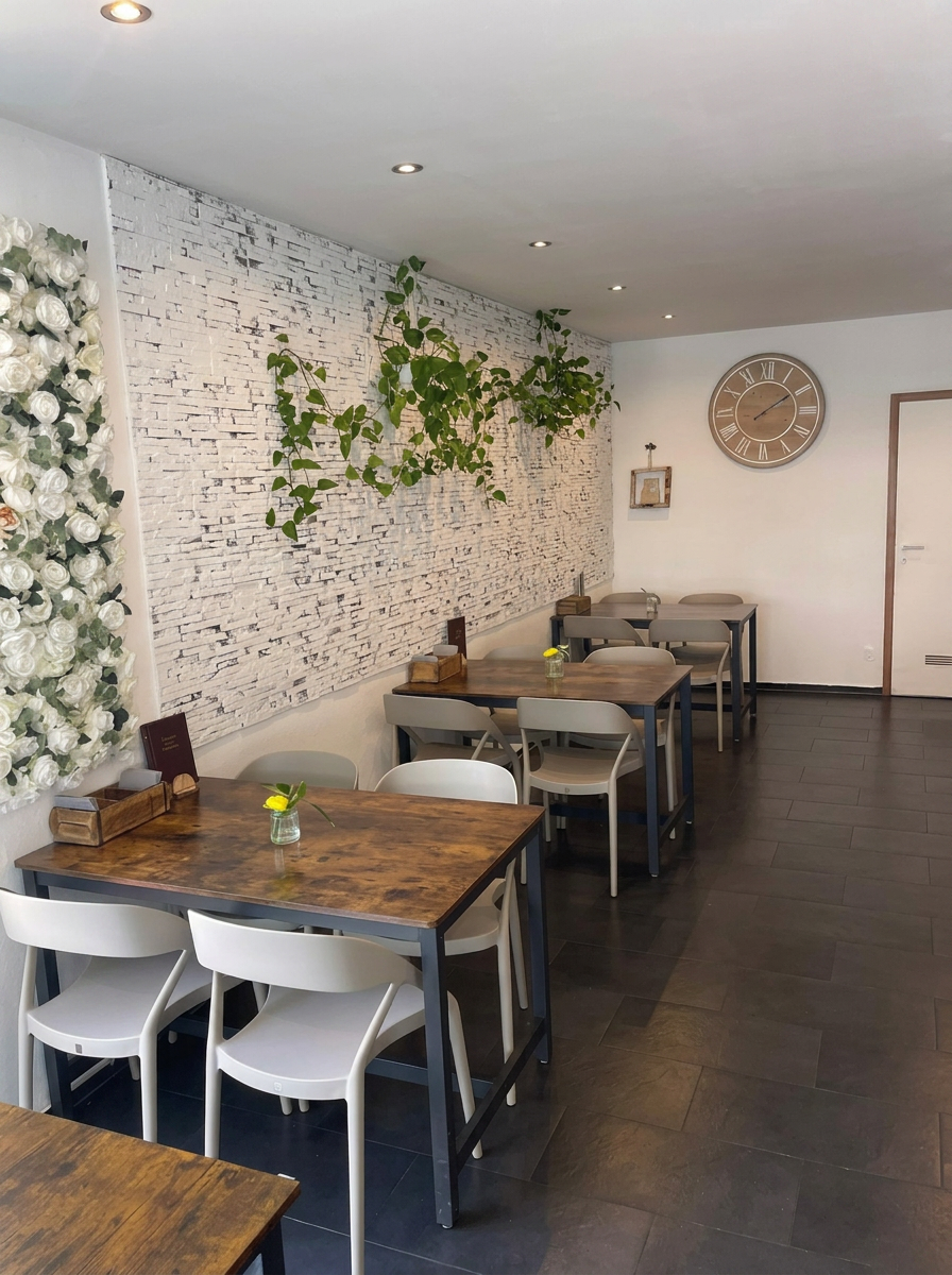 Gastraum von Mongol Burger mit Holztischen, weißen Stühlen und Blumenwand