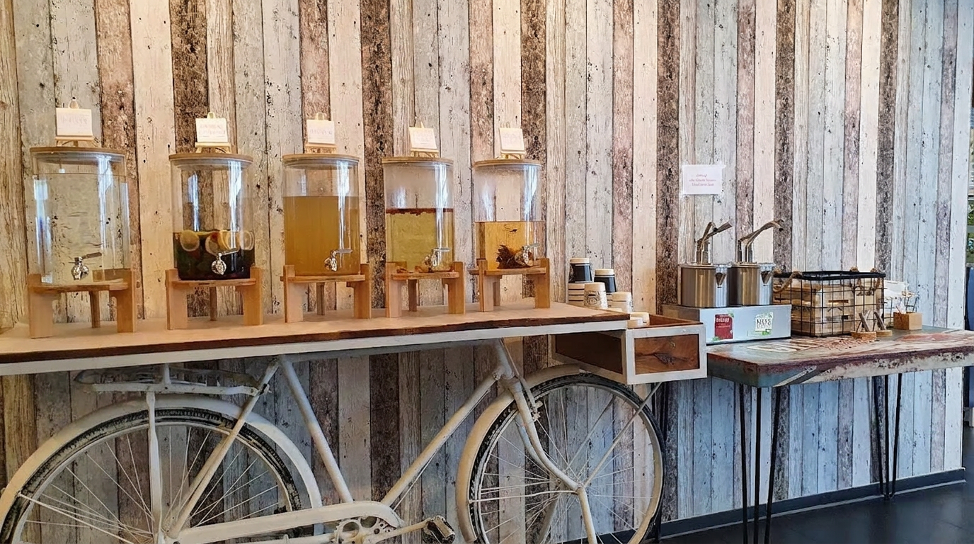 Hausgemachte Limonaden in Glasspendern vor einer Wand aus Holzlatten